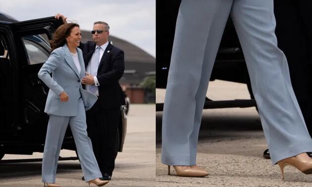 Kamala Harris Travels to Atlanta for Campaign Event in Her Go-To Beige Pumps and Blue Power Suit