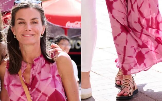 Queen Letizia Participates in Strappy Sandals Trend While at Plaza Mayor