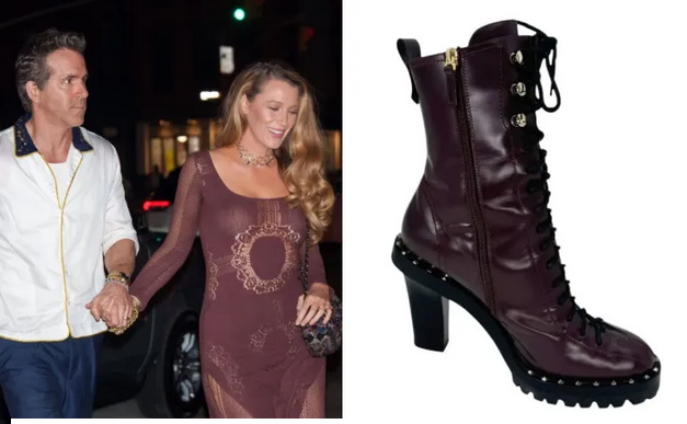 Blake Lively Double Dates in Grungy Burgundy Valentino Soul Rockstud Booties With Ryan Reynolds in New York